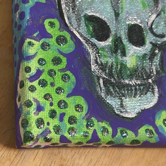 Original Acrylic Painting 4x4 Purple and Green and Silver Skull Painting - Picture 4 of 9